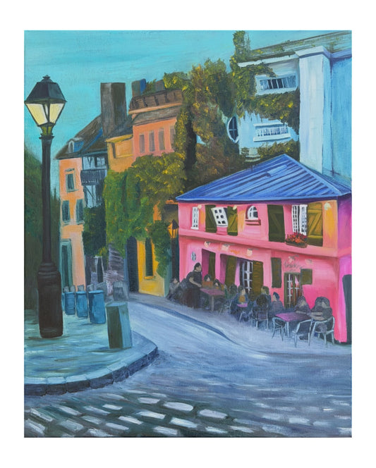 An oil painting of a colorful street scene with buildings and people sitting at tables on a street corner at a pink cafe building.
