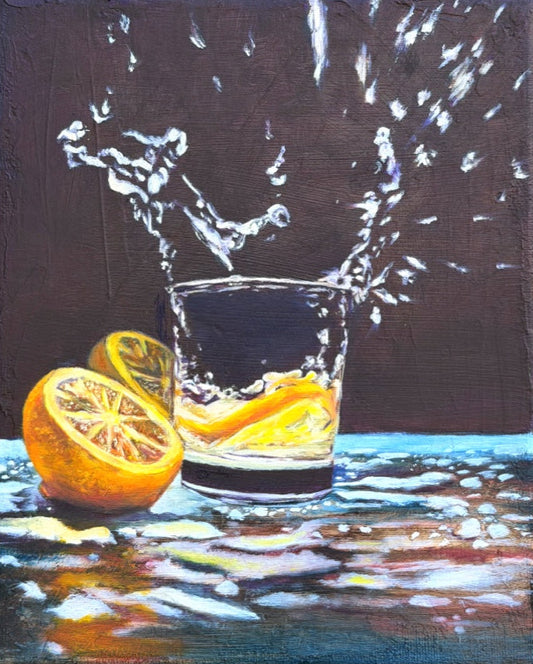 Artistic depiction of a glass with water and lemon on a dark background painted in oils.