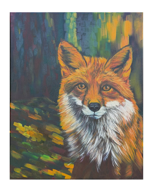 Painting of a red fox with a colorful abstract background