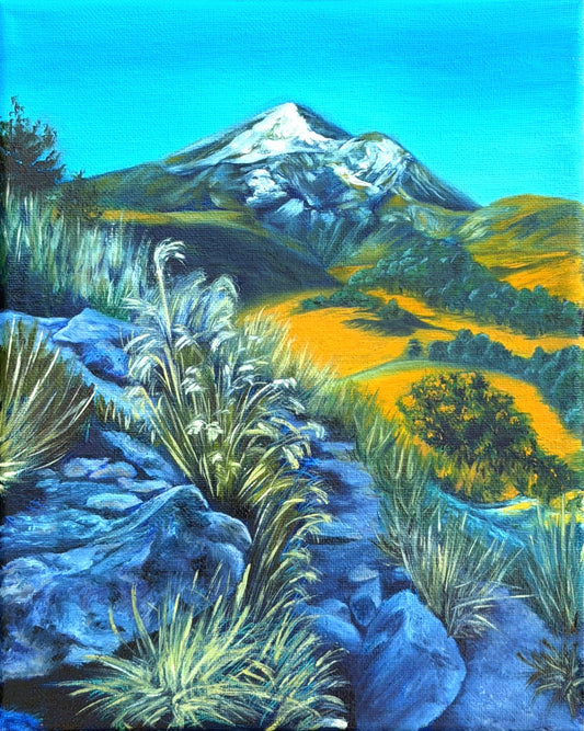 Oil painting of a snow capped mountain landscape with greenery below, a clear blue sky, and a rocky path in the foreground.
