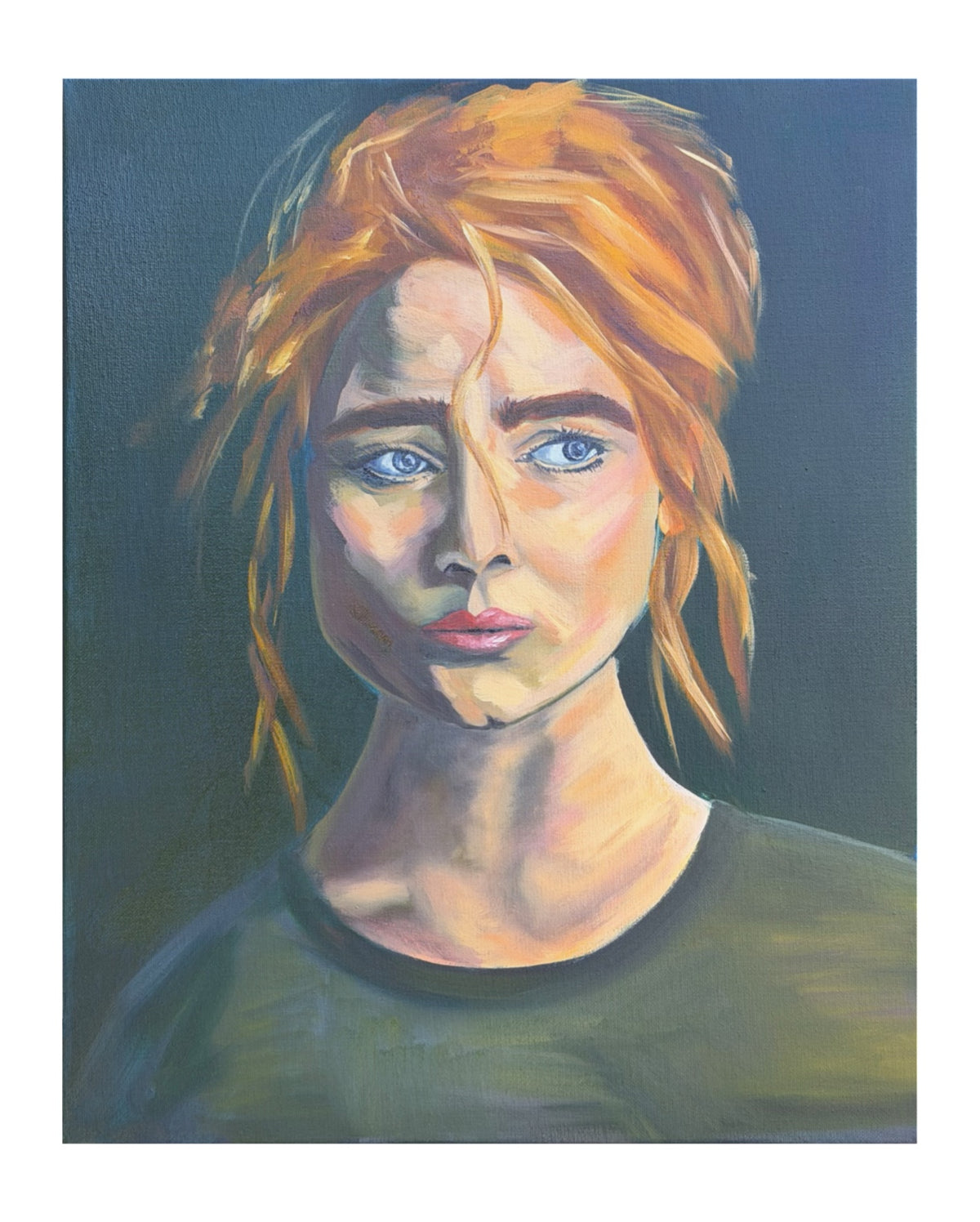 Oil painting of a woman with red hair and blue eyes against a dark background