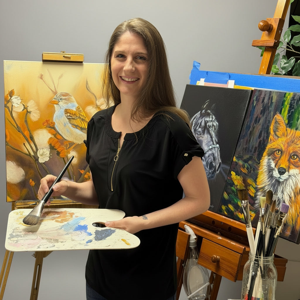 Portrait of woman artist holding a brush and three paintings behind her on easels.