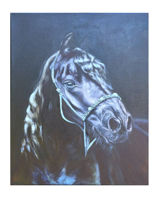 Oil painting of a black horse's head wearing a bridle with a dark background