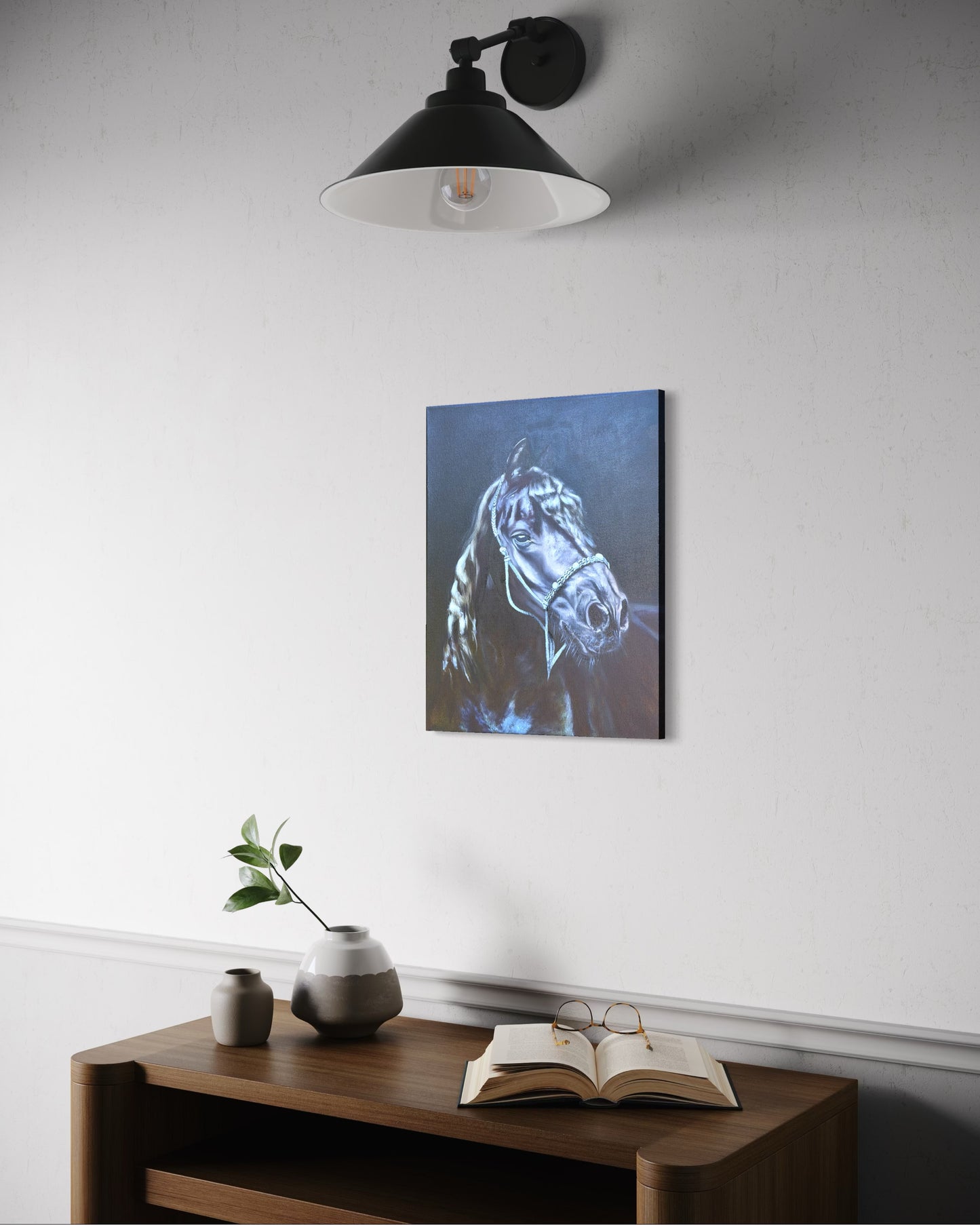 Oil painting of a black horse head and bridle on a wall above a wooden shelf with decor items.