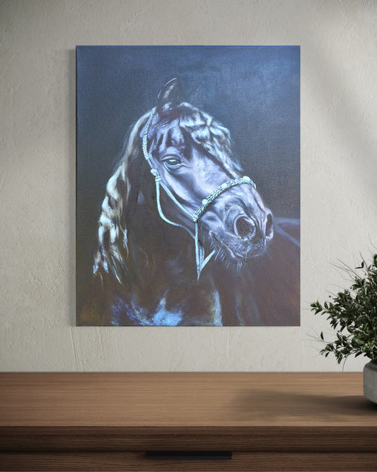 Oil painting of a black horse's head on a wall above a wooden surface.