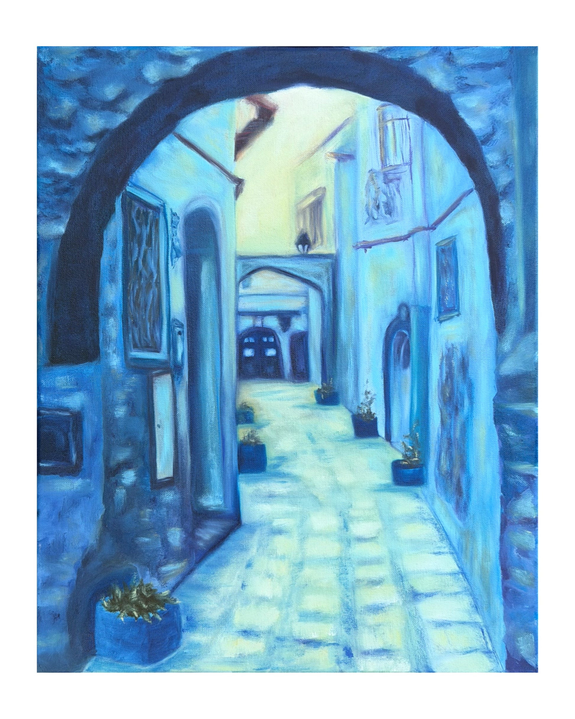 Oil painting depiction of a narrow alleyway with arches and plants, rendered in blue tones.