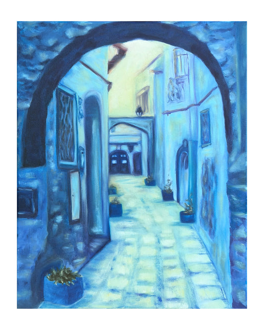 Oil painting depiction of a narrow alleyway with arches and plants, rendered in blue tones.