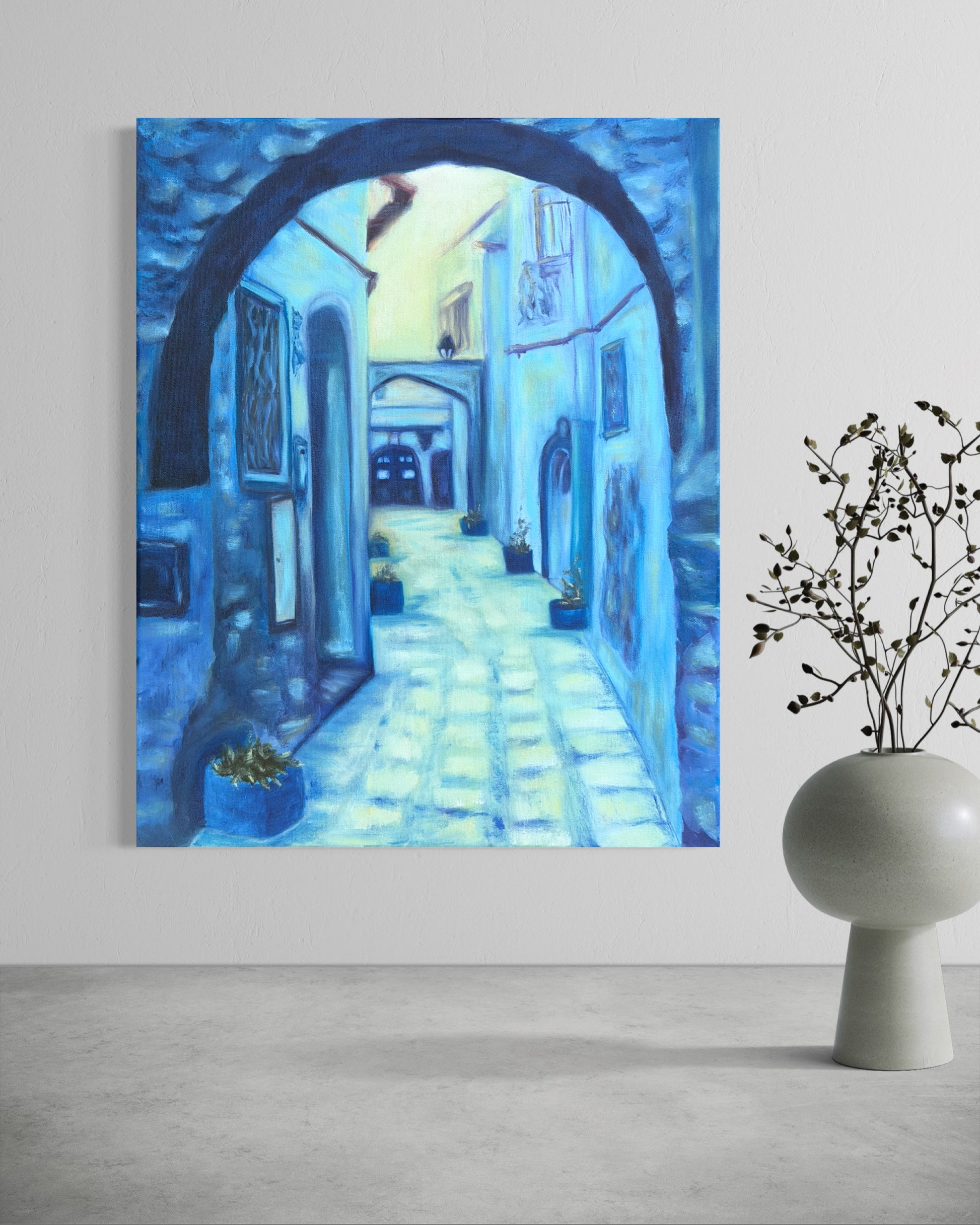 Oil painting of a blue alleyway on a wall next to a vase with plants.