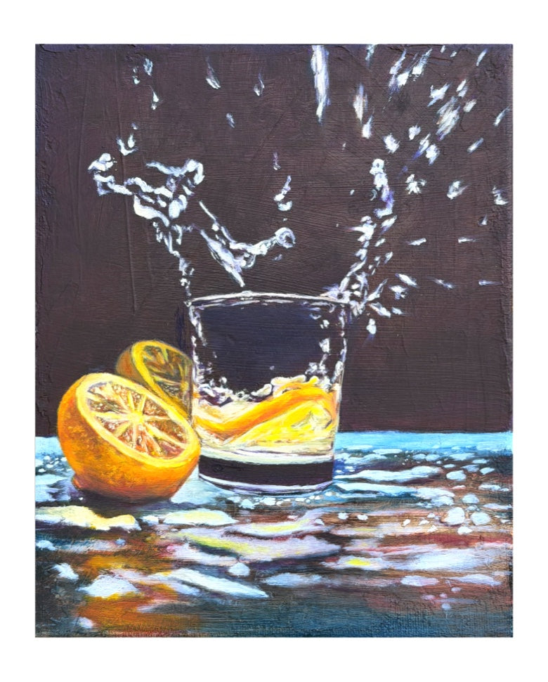 Artistic depiction of a glass with water and lemon on a dark background painted in oils.