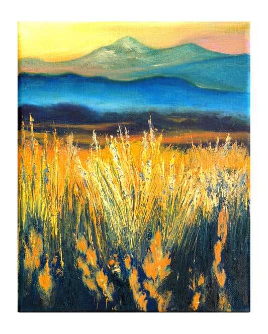 Artistic oil painting depiction of a field with tall grass glowing in the sun and faded mountains in the background.