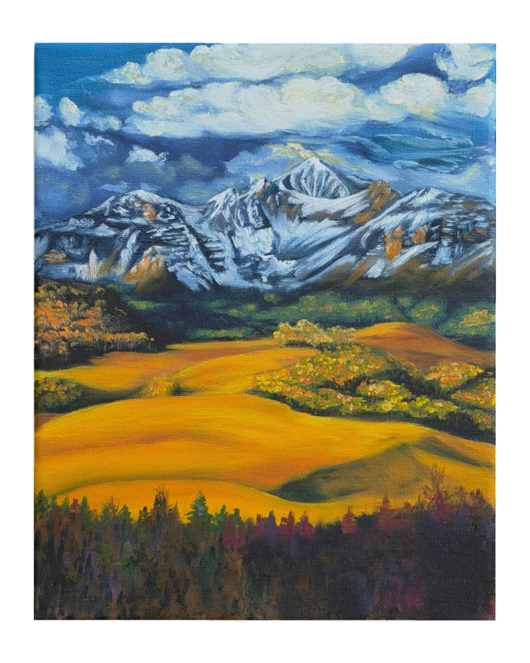 Painting of a mountain landscape with snow-capped peaks, green and golden valleys, and blue sky.