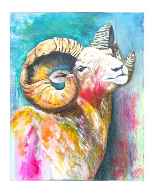 Colorful oil painting of a ram with spiral horns 