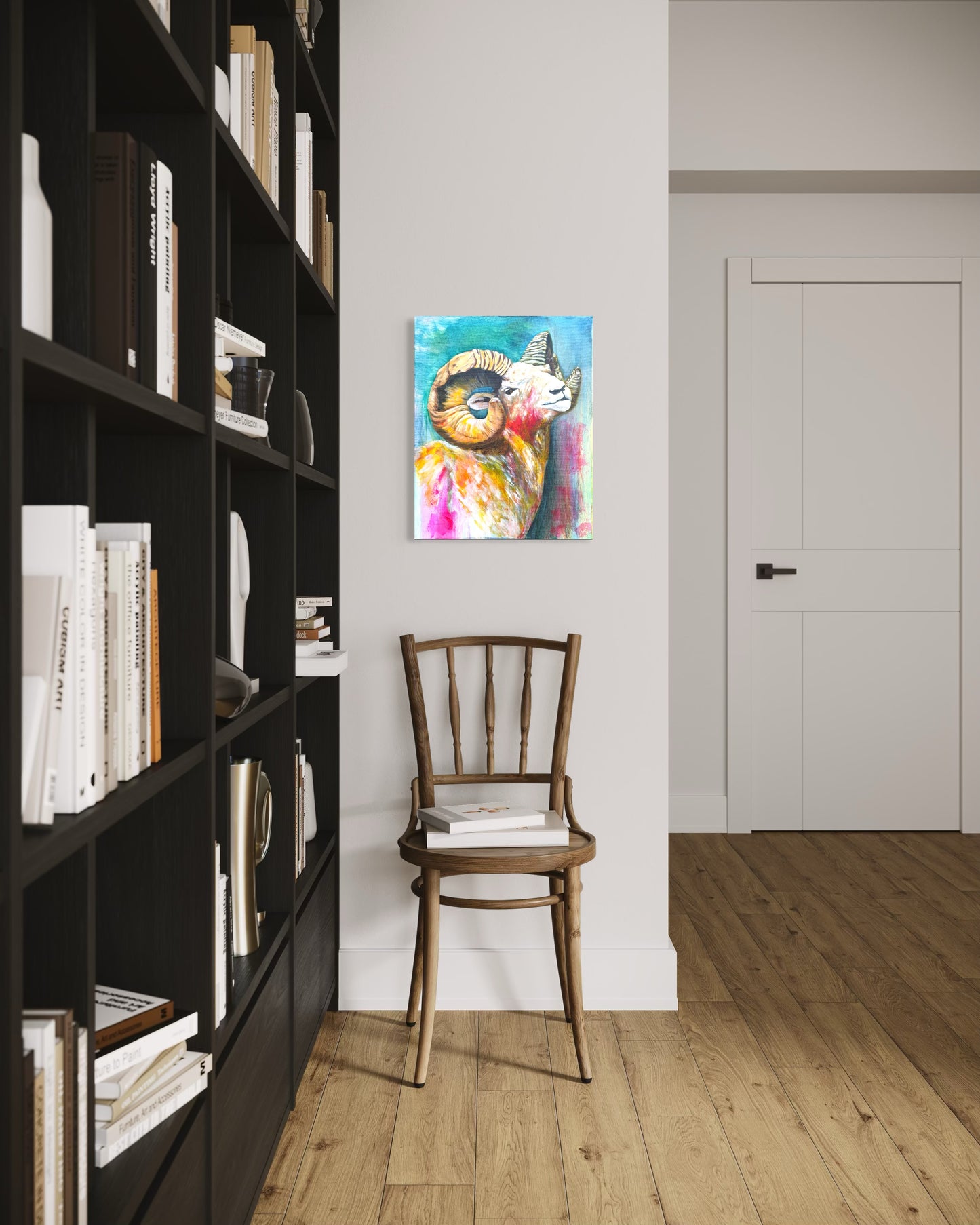 Room interior with a bookshelf, chair, and colorful oil painting of a ram with spiral horns.