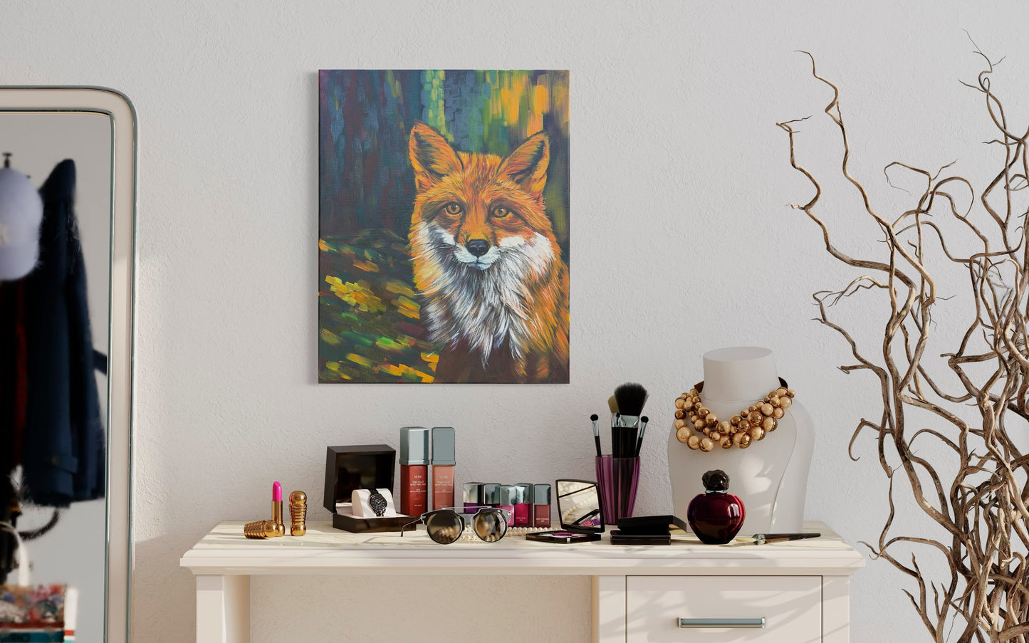 Room interior with an oil painting of a red fox and abstract background hanging next to a mirror, and decorative items on a table.