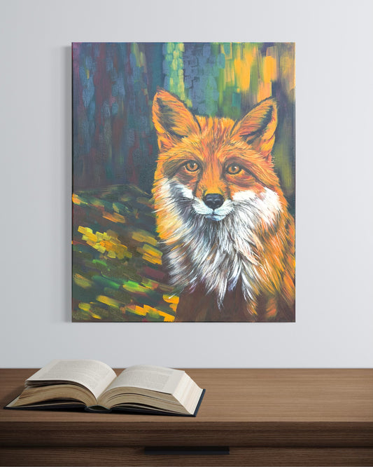 Colorful oil painting of a red fox and abstract background on a wall above an open book