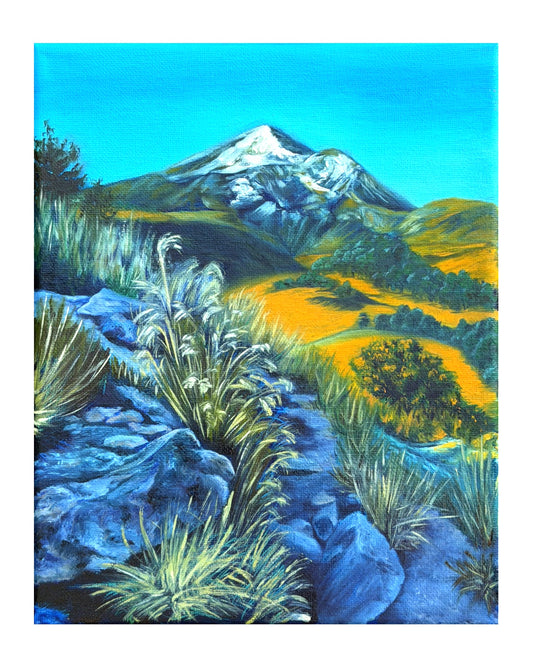 Oil painting of a snow capped mountain landscape with greenery below, a clear blue sky, and a rocky path in the foreground. 