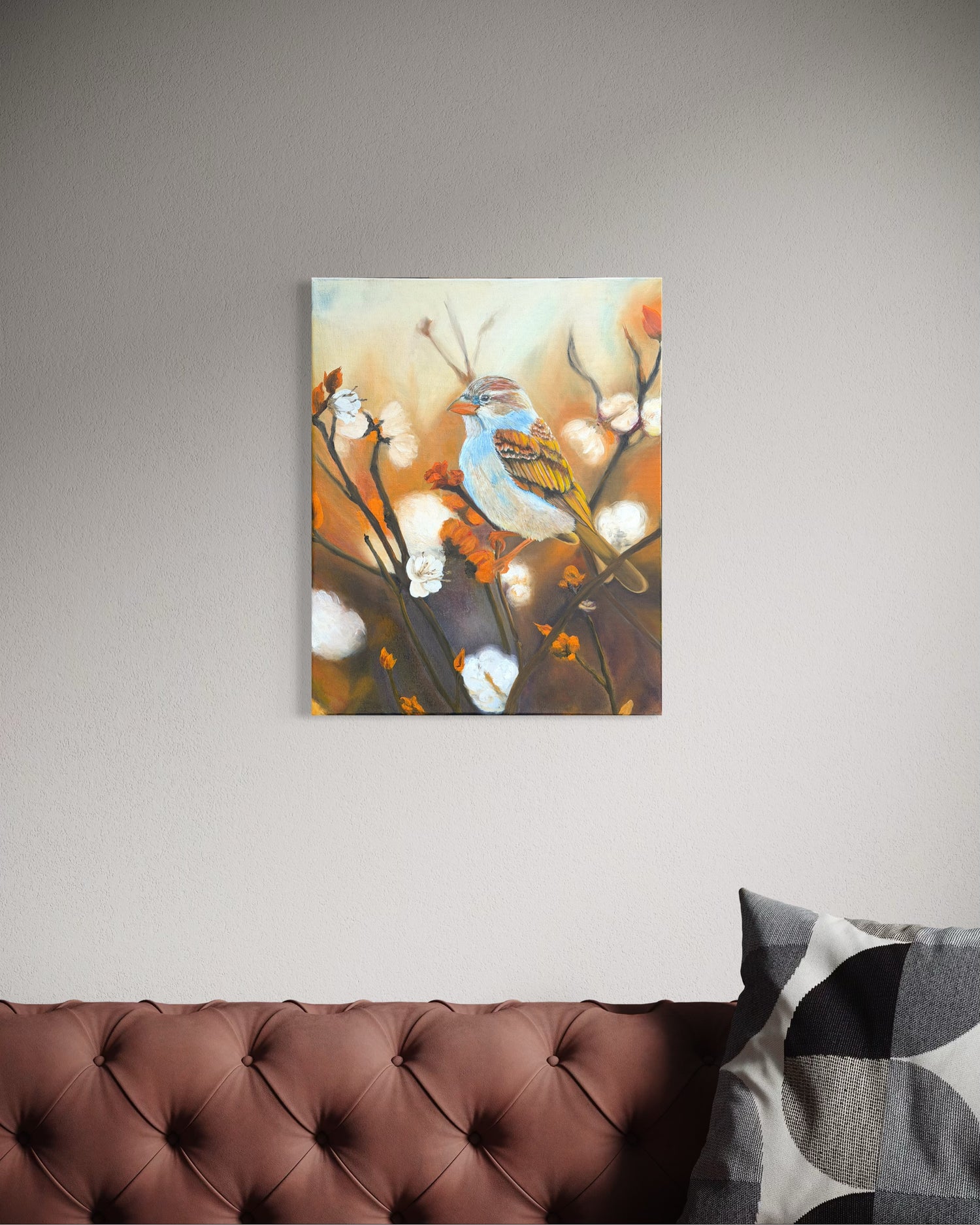 Oil painting of sparrow bird on a branch in a living room setting