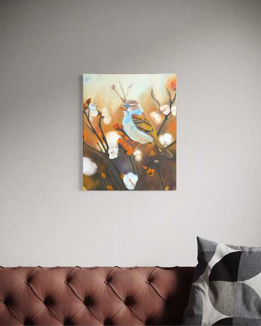 Oil painting of sparrow bird on a branch in a living room setting