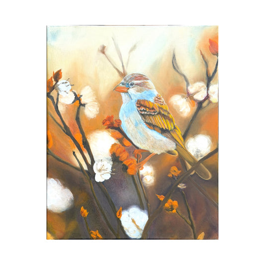 Oil painting of a sparrow bird perched on branches with white flowers and orange buds