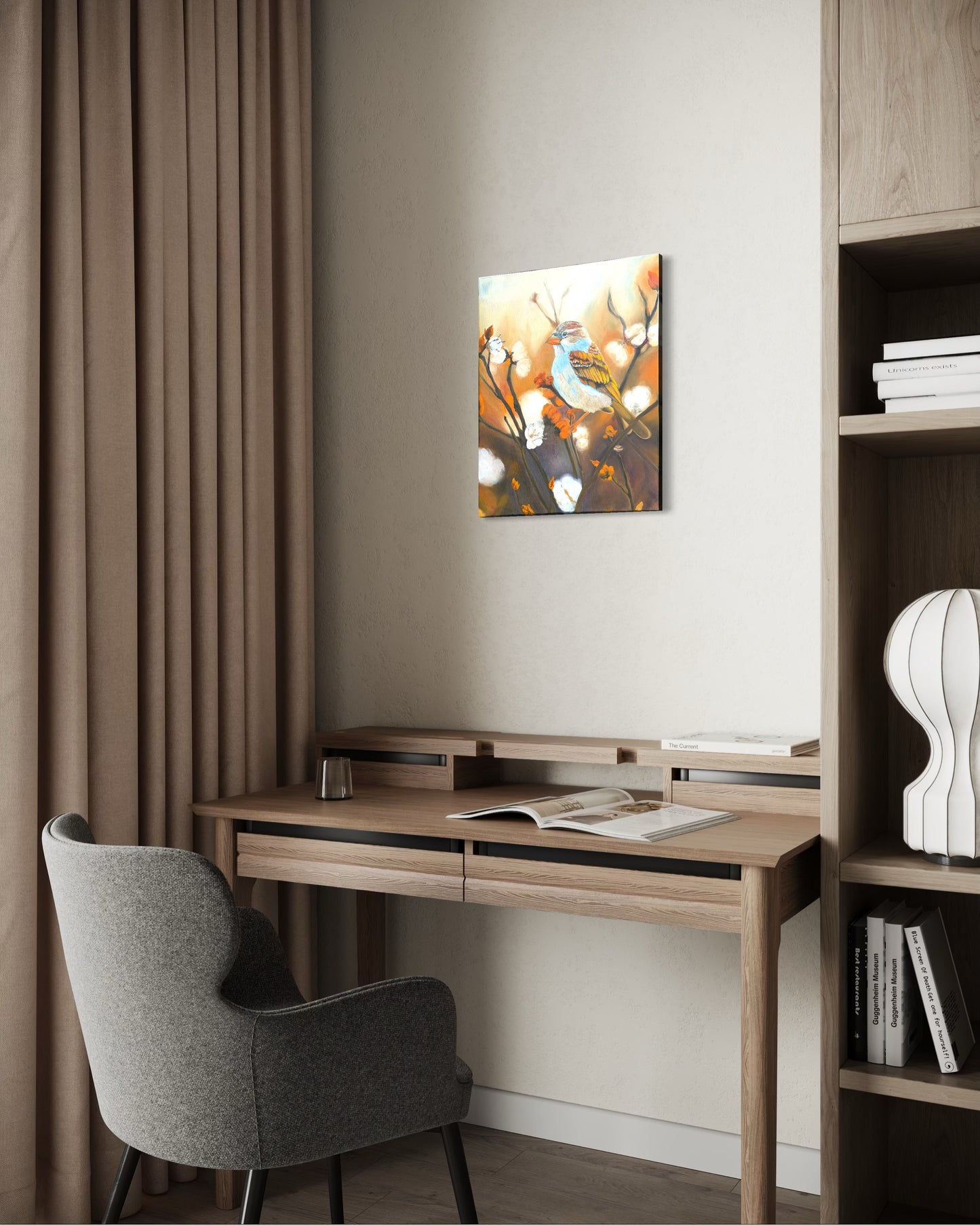 Modern home office with a desk, chair, and wall art oil painting of a sparrow bird perched on branches with white flowers and orange buds.