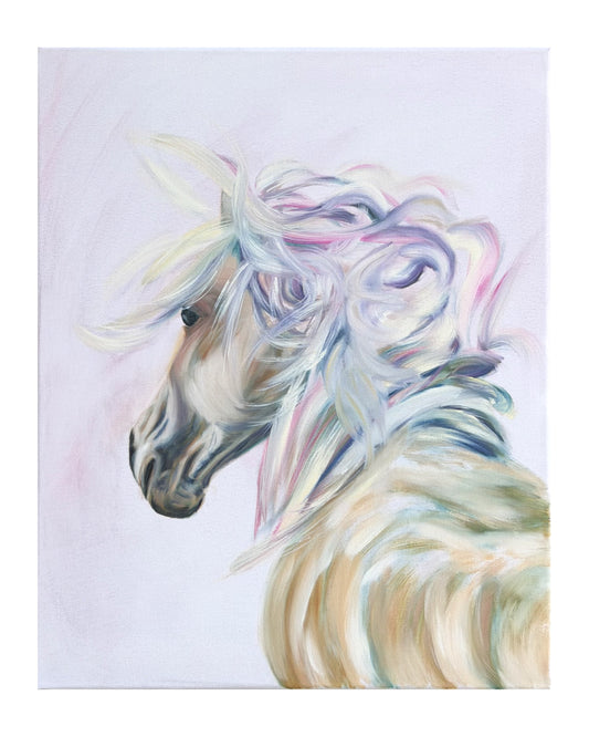 Colorful oil painting of a white horse with a   colorful main on a white background
