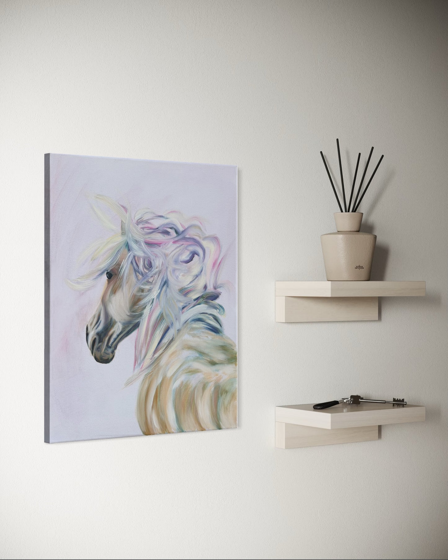 Oil painting of a white horse head and colorful main on a wall next to a shelf with a plant and small items.