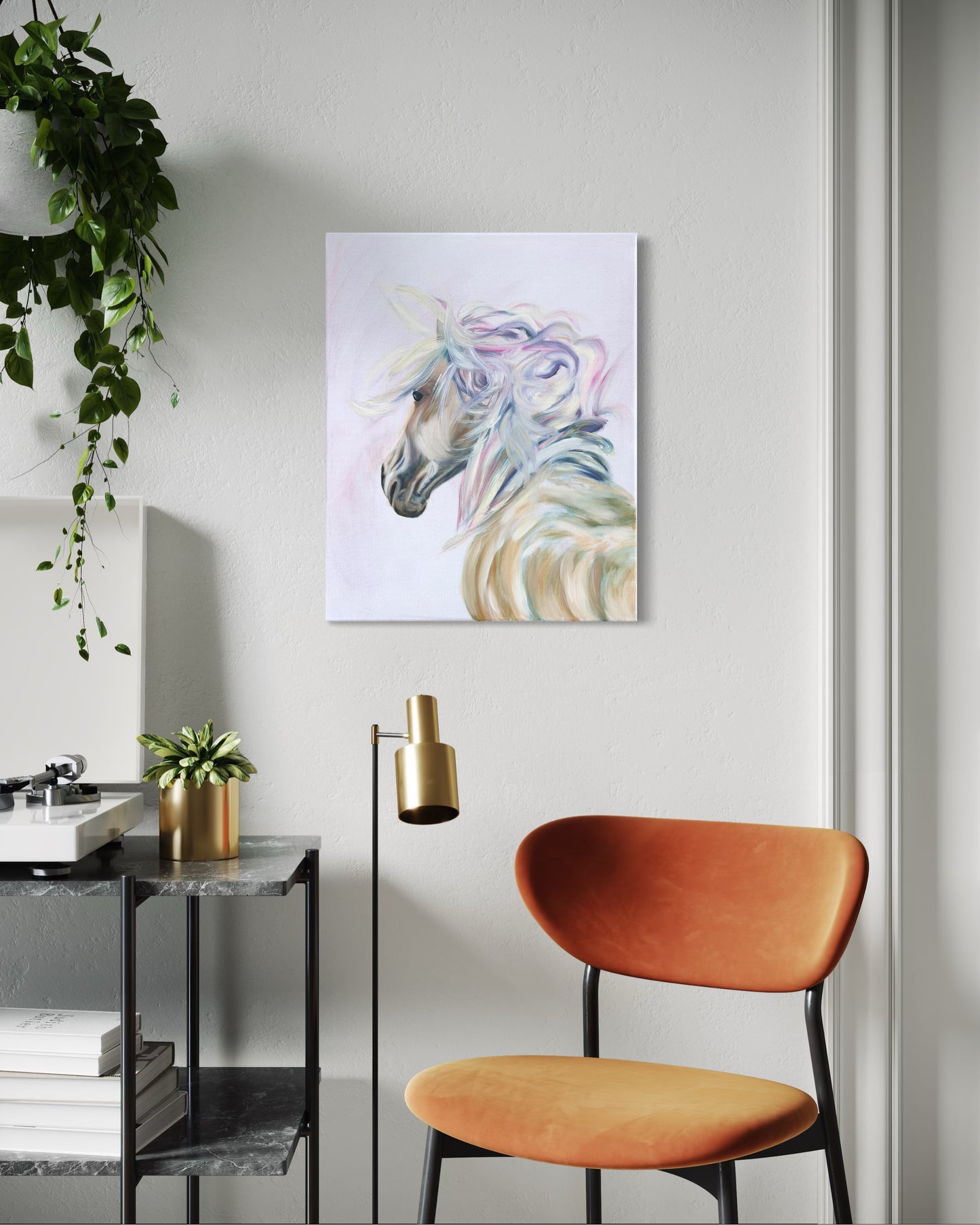 Modern interior with a white horse and colorful main oil painting on the wall, orange chair, and decorative plants.