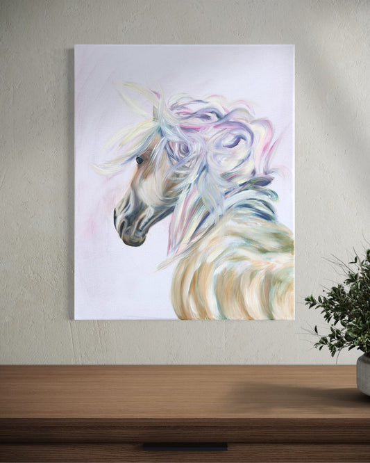 Colorful main on white horse oil painting on a wall above a wooden surface with a plant.