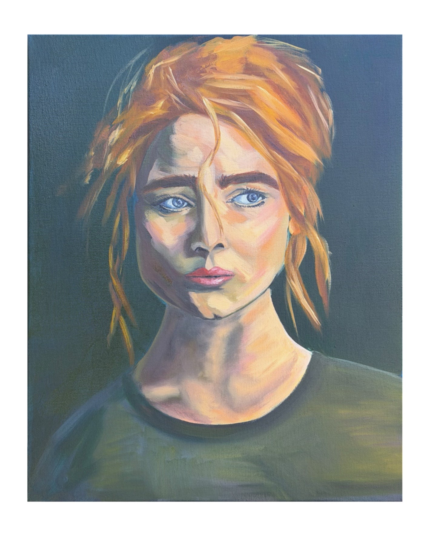 Oil painting of a woman with red hair and blue eyes against a dark background