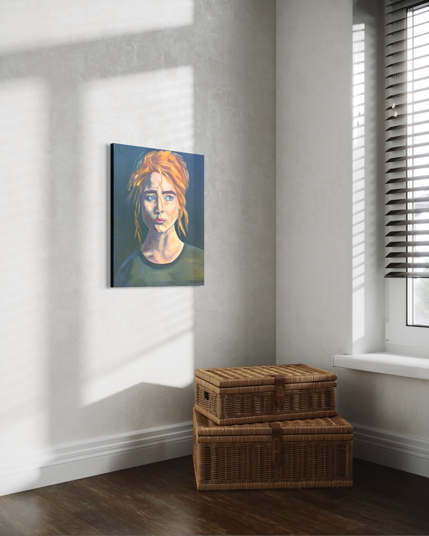 Room interior with an oil painting portrait of a woman on the wall and wicker storage boxes on the floor.