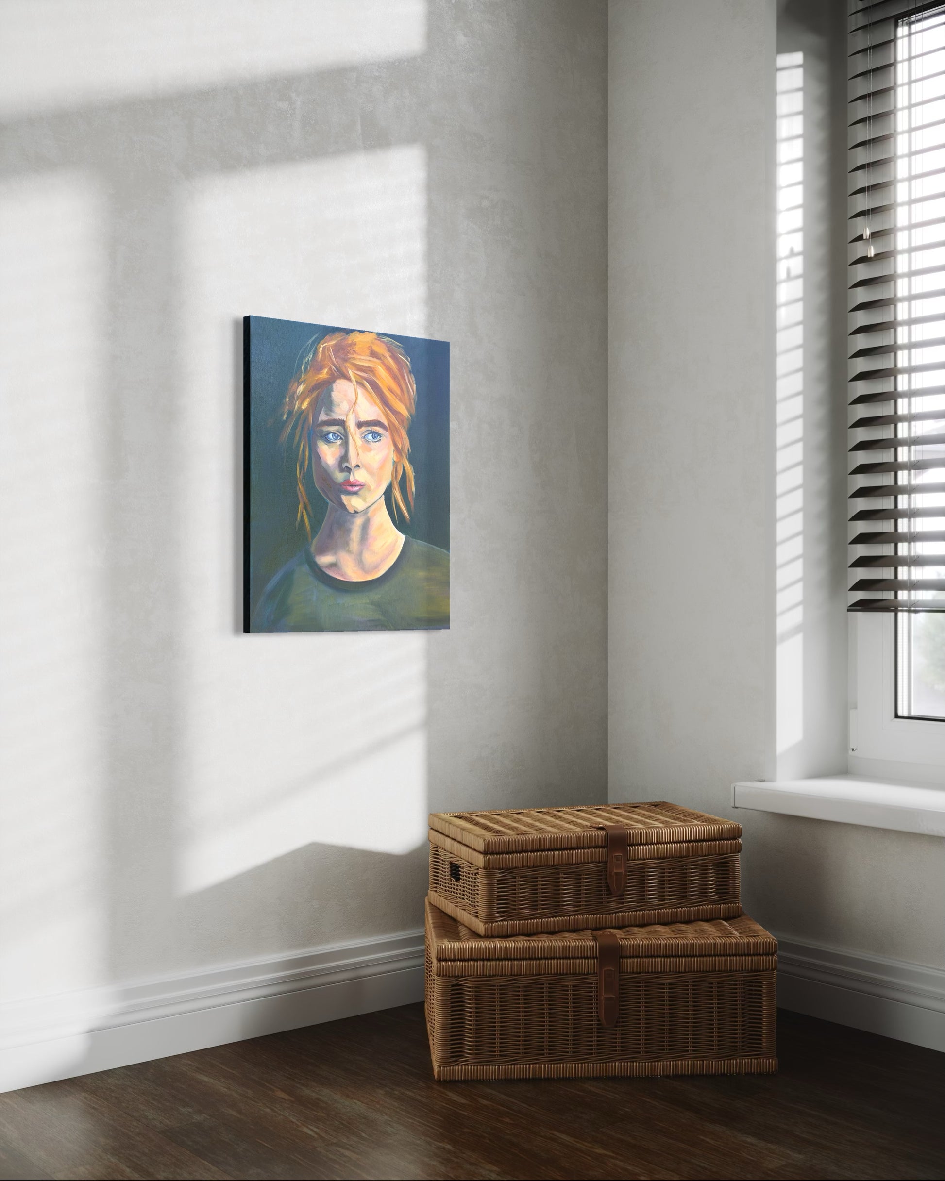 Room interior with an oil painting portrait of a woman on the wall and wicker storage boxes on the floor.