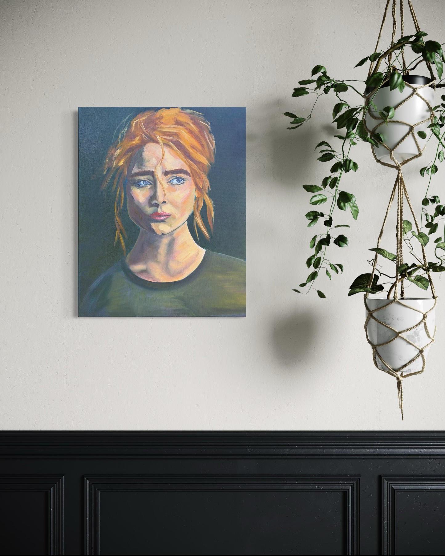 Oil painting of a woman with red hair on a wall next to a plant