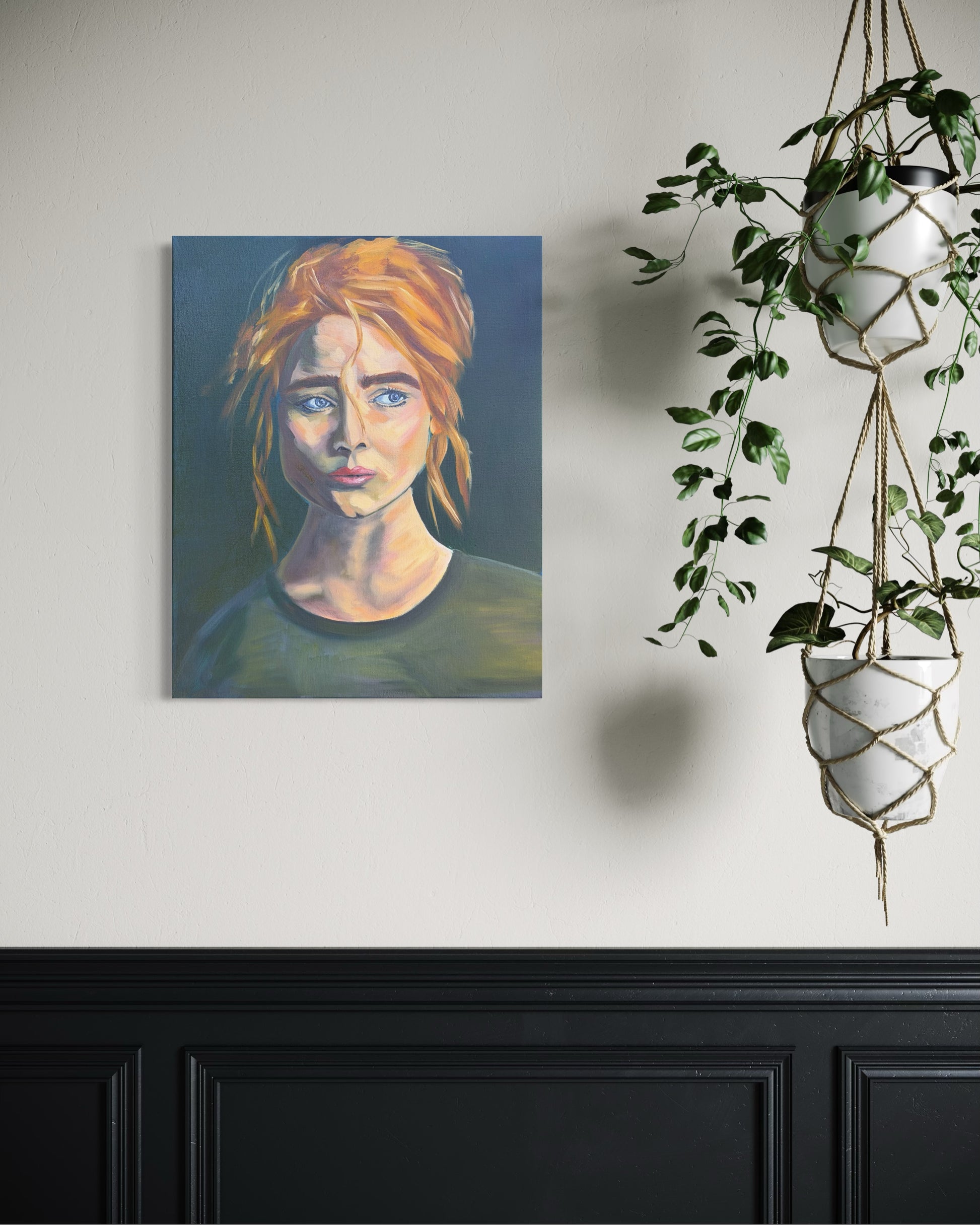 Oil painting of a woman with red hair on a wall next to a plant